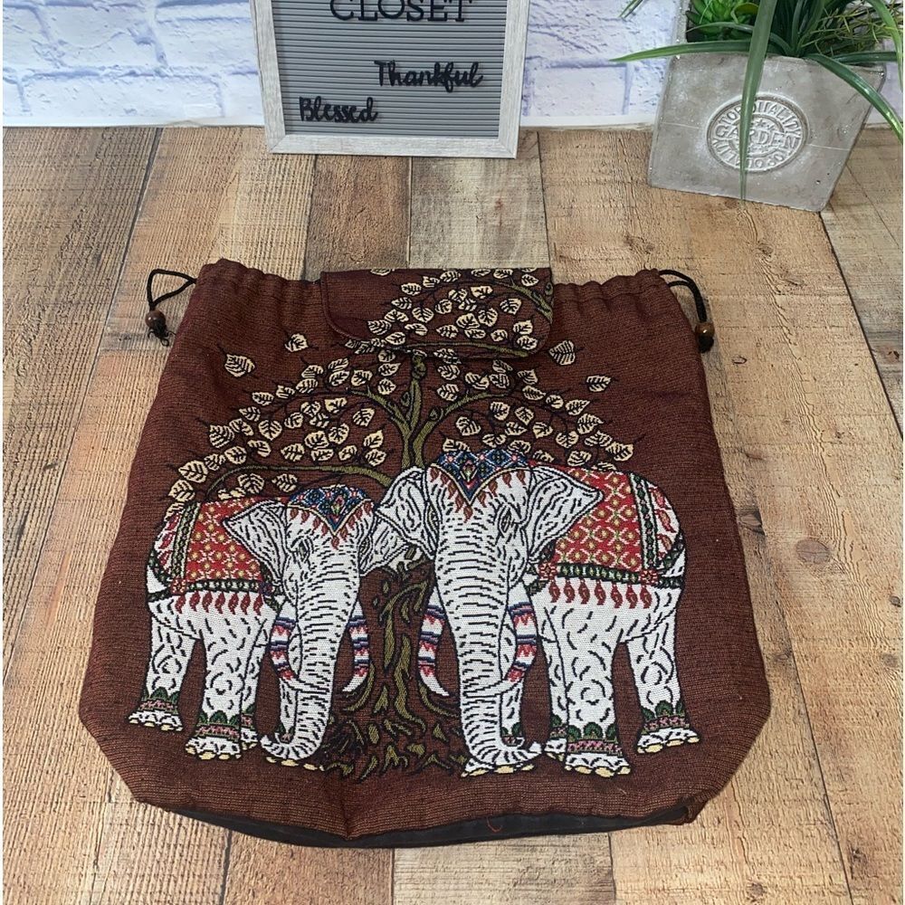 Embroidered Elephant and Tree Cotton Drawstring Backpack, "Elephant Tree" - Picture 3 of 13